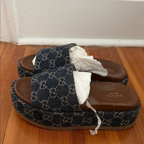 Gucci Shoes - Gucci Denim GG Logo Platform Slide Sandals in Blue and Brown